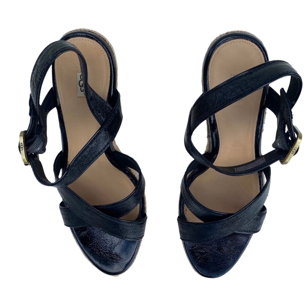 UGG Women’s Jacqueline Espadrille Black Patent Wedge Sandals, Ankle Strap Size 8 - Picture 8 of 15
